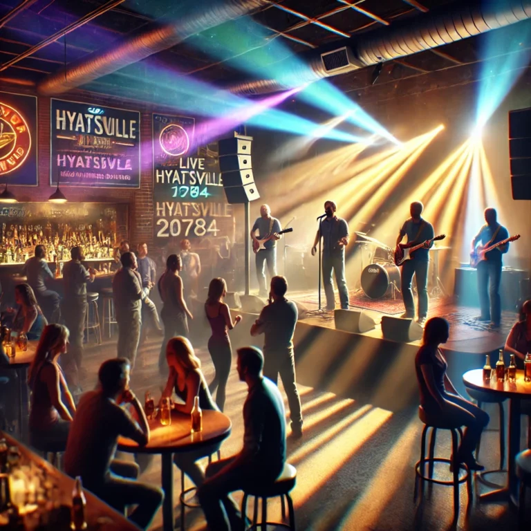 DALL·E 2024-10-09 12.48.40 - A dynamic music entertainment venue in Hyattsville, MD 20784. A live band is performing on a well-lit stage, with colorful beams of light casting a vi