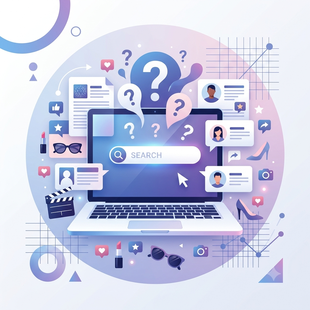 Digital search illustration showing online content discovery, trending topics, user profiles, and entertainment-related search results.