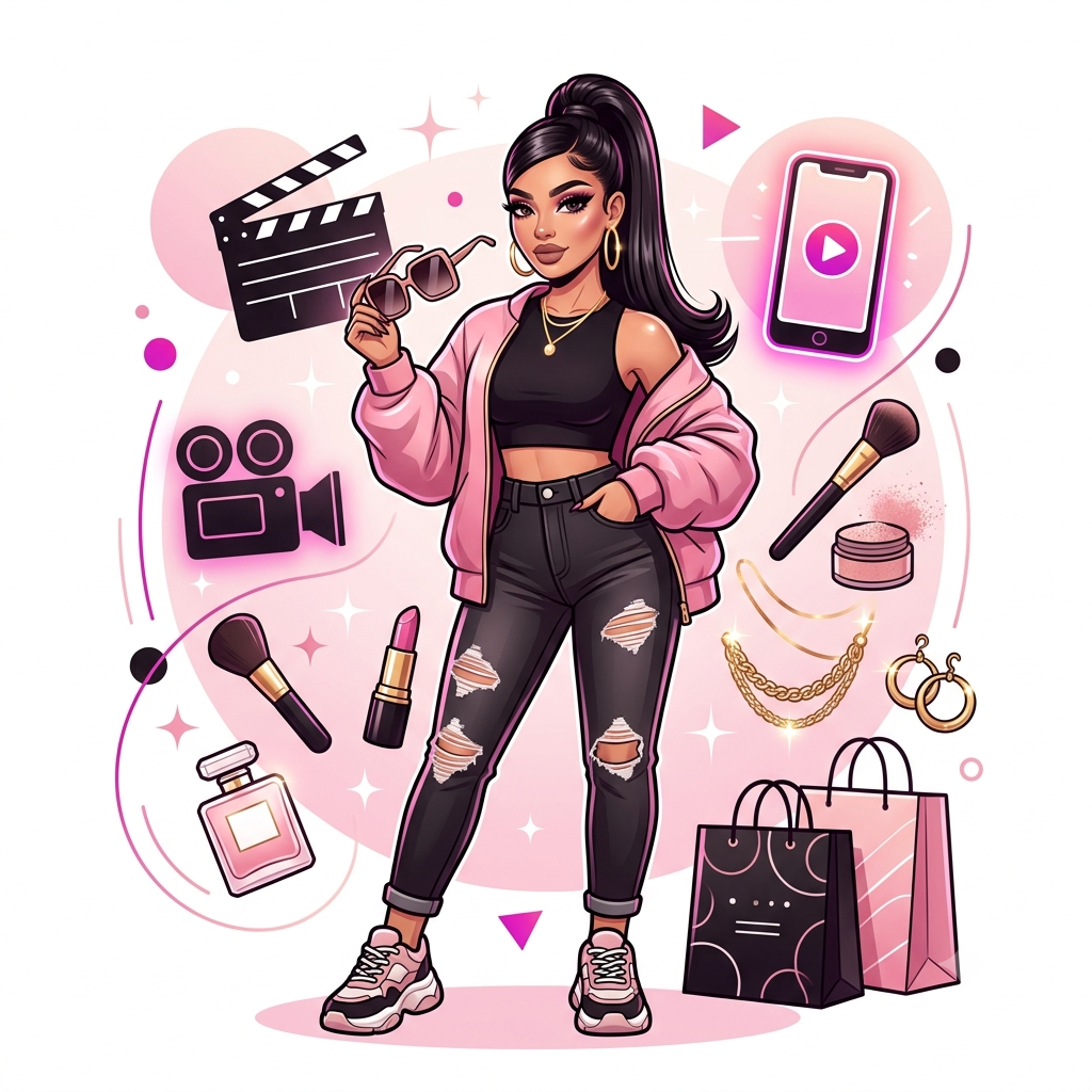 Stylish baddie lifestyle illustration featuring fashion, beauty, reality TV entertainment, and modern pop culture inspiration.