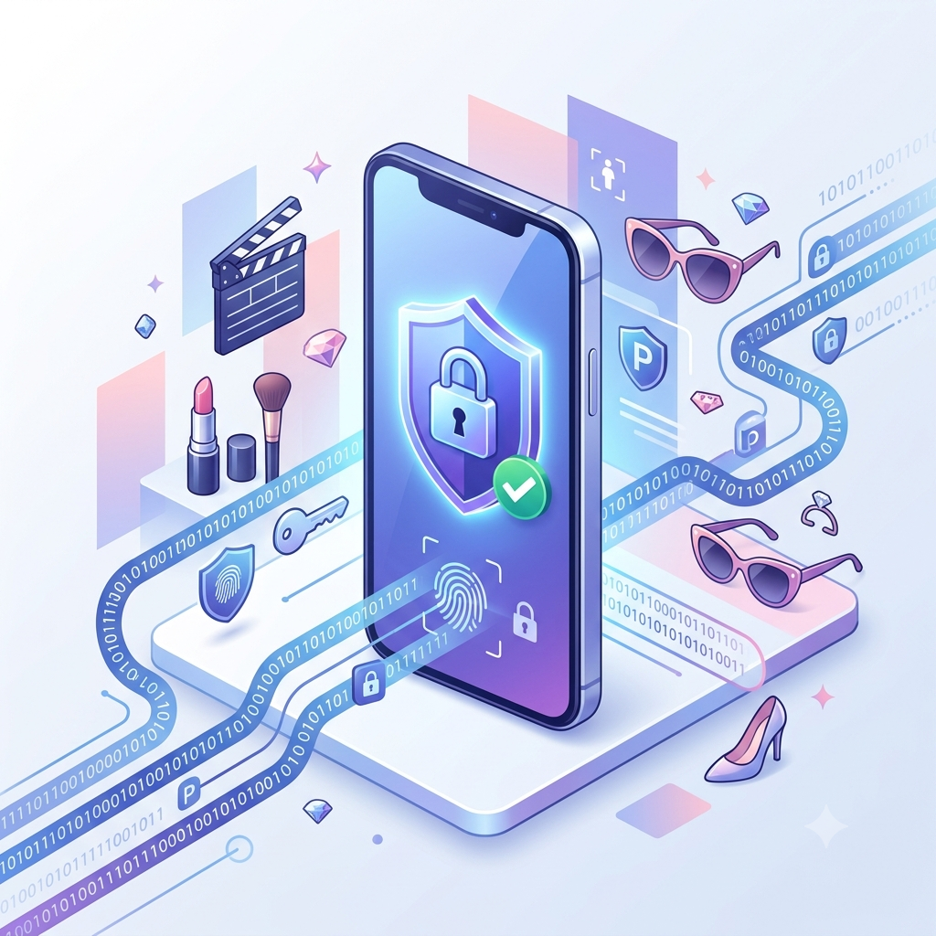 Secure online access illustration showing a protected entertainment platform with privacy, account security, and cybersecurity elements.