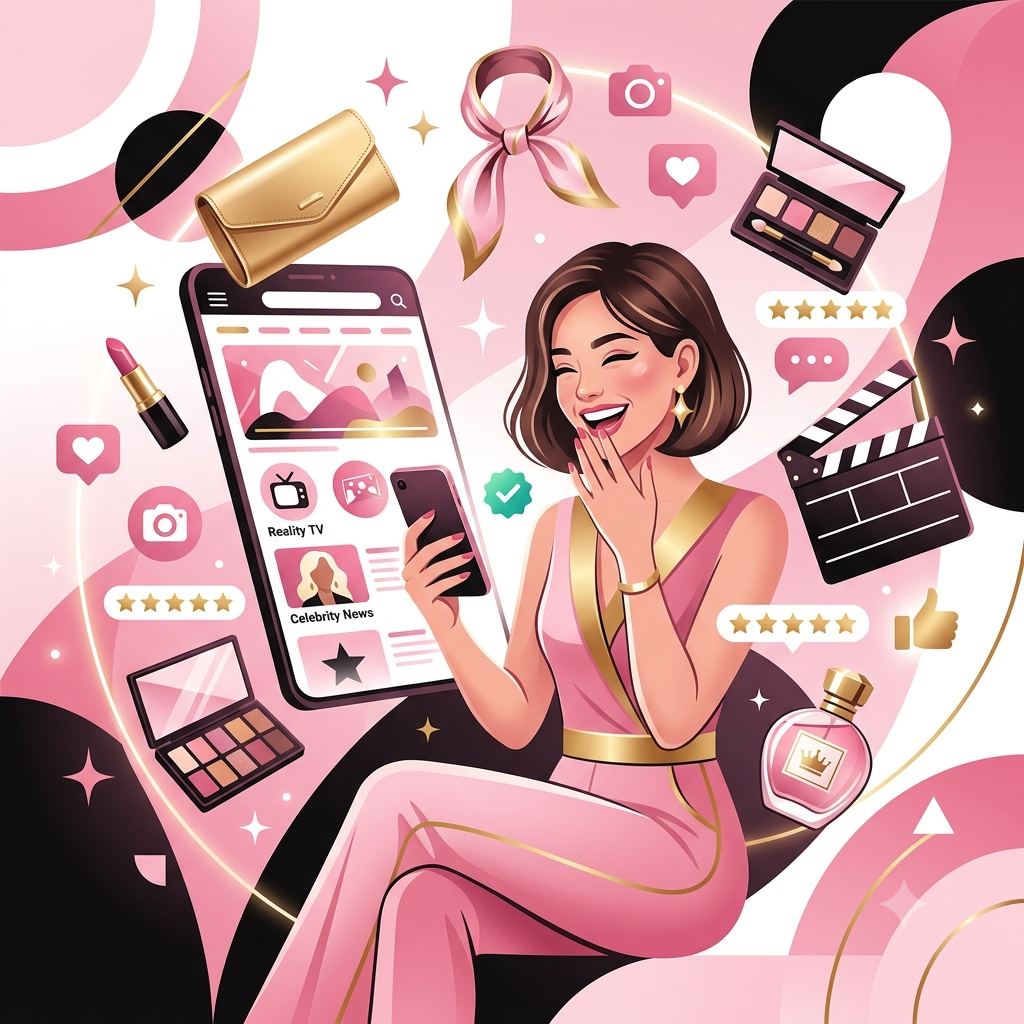 Modern entertainment and lifestyle illustration featuring fashion, beauty, reality TV, and a positive user experience on an online platform.