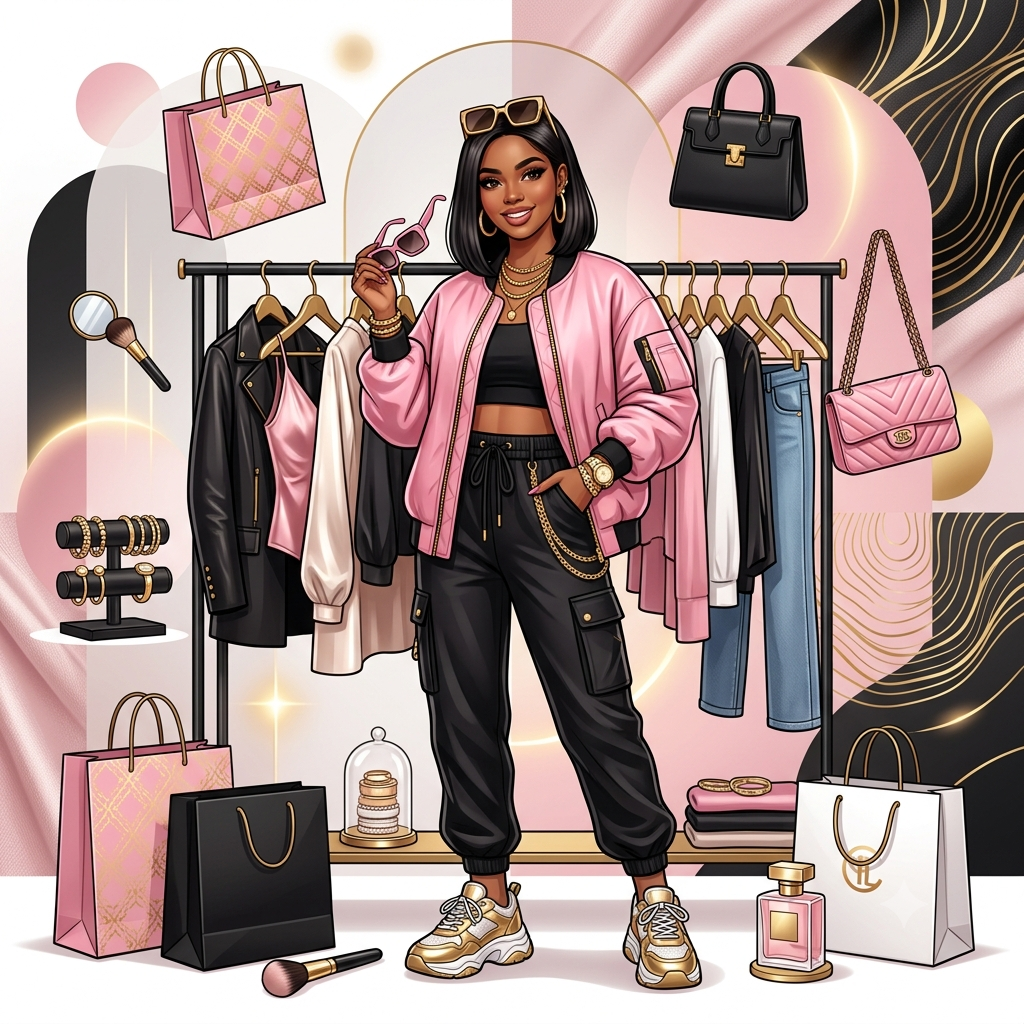 Modern fashion illustration showcasing stylish clothing, accessories, and baddie-inspired lifestyle trends