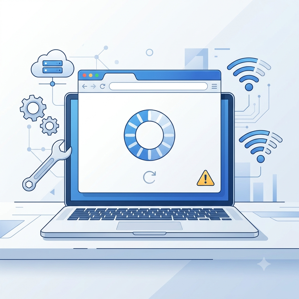 Website troubleshooting illustration showing a loading webpage, internet connection, browser refresh, and server status icons.