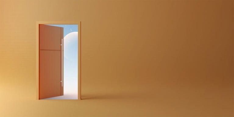 An open door revealing a bright blue sky with a white sphere